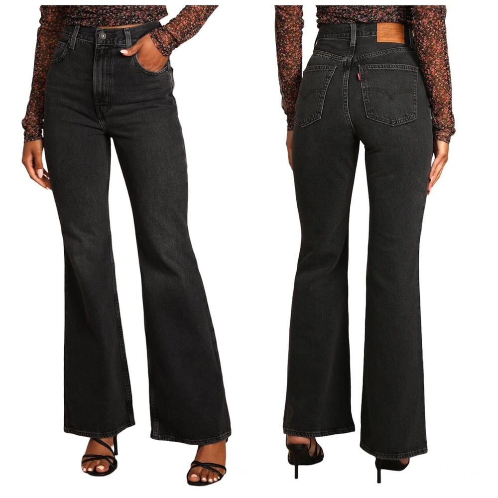Levis Premium Womens Denim Jeans 70s High Rise Flare 25 Black Gray Wide Leg NWT